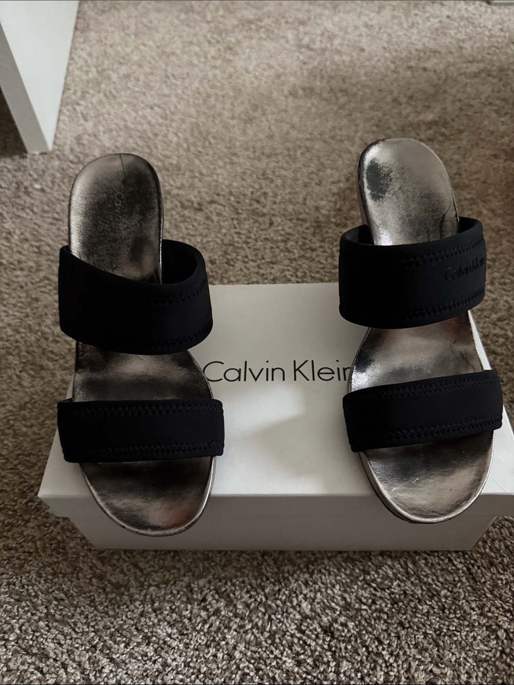 Calvin Klein Black Double-Strap wedge with Silver Footbed
